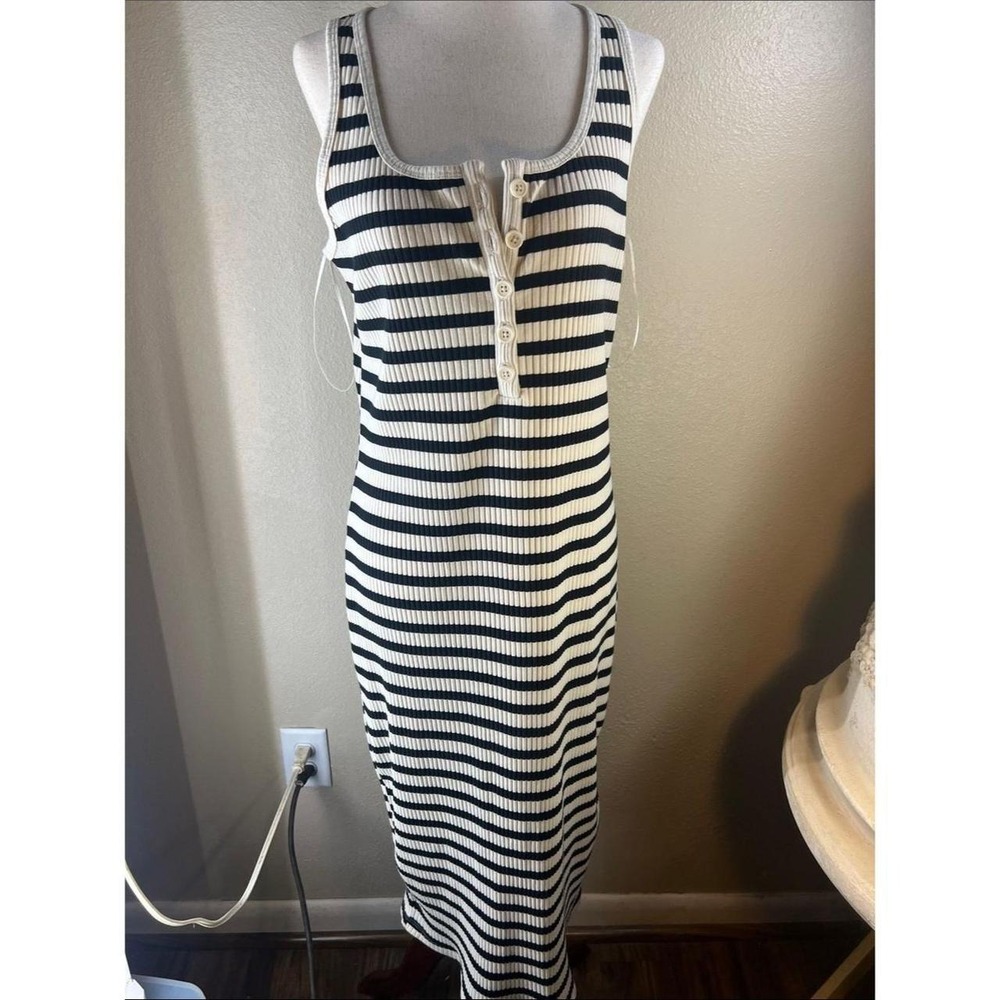 A New Day Womens Striped Ribbed Henley Midi Tank Dress Black Cream Size M